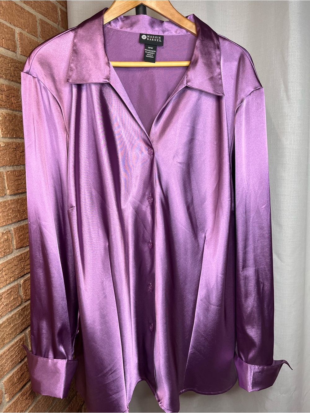 Maggie Barnes Purple Satin Button Front Blouse 28W Plus Size Silky Stretch Caree